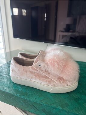 Pink Velvet Pom Slip-On Sneakers for Women. Here/Now brand